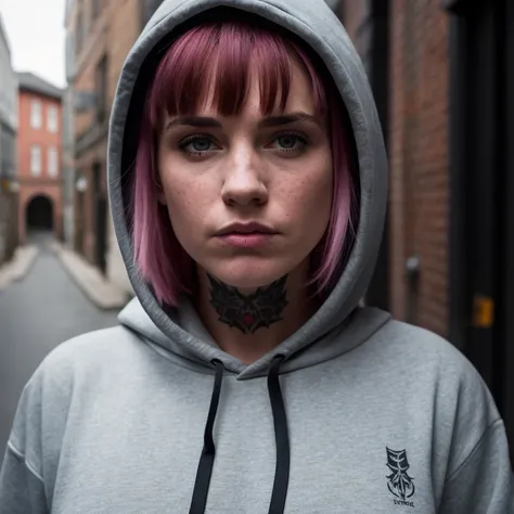 best quality, masterpiece, RAW photo, photorealistic, detailed, woman, hoodie, arm tattoo, portrait, asymmetrical bangs, bandaid, short hair, bangs, breasts, freckles, grey eyes, large breasts, looking at viewer, neck tattoo, nose piercing, pink hair, solo, tattoo on face, upper body, detailed background, town, alley, dark alley, portrait, hood on head, night, angry, close up, closed mouth, masterpiece, absurdres