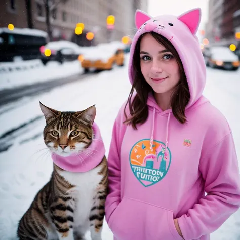 photographic, photo, photogenic, extremely high quality high detail RAW color photo of standing pose of a gorgeous woman princess with freckles and small breasts, wearing a cat hoodie, happy, sharp focus, straight layers hair, in snowy new york in winter, 1990s, film grain, vivid colors, film emulation, (high detailed skin:1.2), 8k uhd, dslr, soft lighting, high quality, film grain, Fujifilm XT3