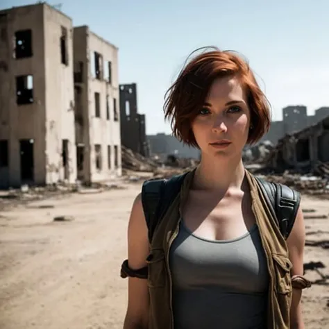 RAW photo, a close up portrait photo of 30 y.o woman in wastelander clothes, redhair, short haircut, pale skin, slim body, background is city ruins, (high detailed skin:1.2), 8k uhd, dslr, soft lighting, high quality, film grain, Fujifilm XT3