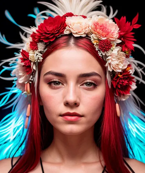RAW photo, a close up portrait photo of
beautiful young woman with white hair with red flower crown, + Black paper with intricate and vibrant red line work:: Tarot Card:: Mandelbulb Fractal + Exquisite detail, ultra soft pastel
(high detailed skin:1.2), 8k uhd, dslr, soft lighting, high quality, film grain, Fujifilm XT3