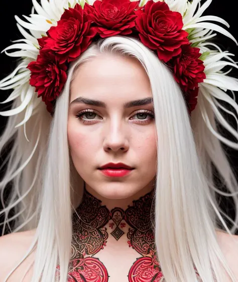 RAW photo, a close up portrait photo of
beautiful young woman with white hair with red flower crown, + Black paper with intricate and vibrant red line work:: Tarot Card:: Mandelbulb Fractal + Exquisite detail, ultra soft pastel
(high detailed skin:1.2), 8k uhd, dslr, soft lighting, high quality, film grain, Fujifilm XT3