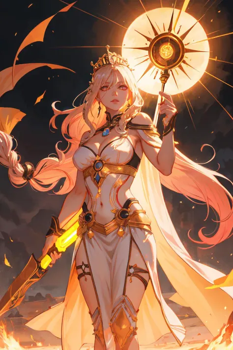 highly detailed, sharp focus, illustration, high sharpness, ultra realistic, masterpiece, standing, fantasy, female king, goddess, divine, gold theme, fantasy, shining eyes, godlike atmosphere, braided hair, castle grounds, sun with eyes, gorgeous queen, empress, perfect body, (neon colors), shining hair, neon magic, neon splashes
