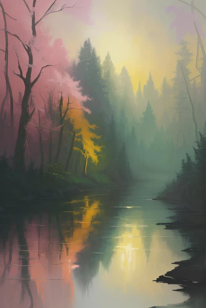 a painting of a river running through a forest, a detailed painting, by Thomas Kinkade, fantasy art, colorful house, iphone wallpaper, spring evening, colorful photograph