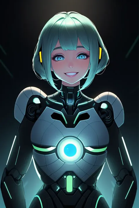 glowing android eyes, a beautiful cute 25yo woman, with a loving smile who is actually an AI, artificial intelligence,