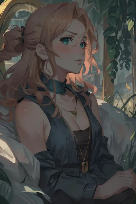 Masterpiece,, best quality, high contrast, deep shadows, dappled lighting, realistic, absurdres, intricate, <lora:more_details:.11>, <lora:epi_noiseoffset2:1>, cinematic lighting BREAK female warrior princess, beautiful, (long wavy ginger hair:1.2), blushing, upper body shot, (looking at viewer:1.2), (black dress:1.1), garden, early morning, green eyes, god rays, thick clouds, willow tree, necklace, fog, angry expression, (closed mouth:1.1), pout, fantasy art, side view, soft pink lips, illustration, (close up:1.35), (small breasts:1), detached sleeves, moss, flower in hair, (large breasts:-.5), <lora:samus-nvwls-v1:.9>, cleavage BREAK violet flower and white rose