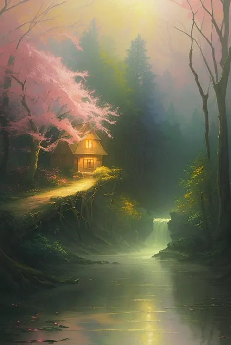 a painting of a river running through a forest, a detailed painting, by Thomas Kinkade, fantasy art, colorful house, iphone wallpaper, spring evening, colorful photograph