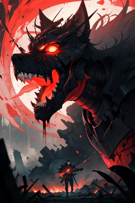 highly detailed, sharp focus, illustration, high sharpness, ultra realistic, masterpiece, fantasy, destroyed, rage, blood theme, fantasy, shining eyes, atmosphere, eyes in the darkness, (neon colors), shining teeth, neon magic, neon splashes, smoke, dark lighting, keypoint lighting