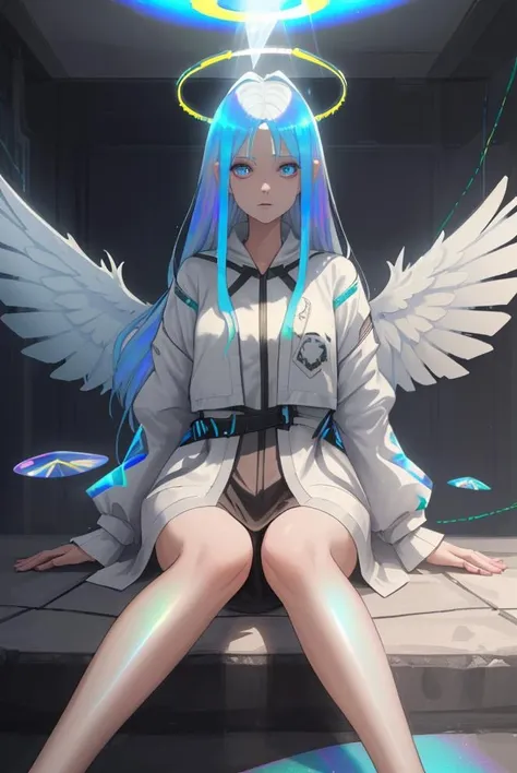 woman, wings, halo, iridescent holofoil, long hair, iridescent holofoil,