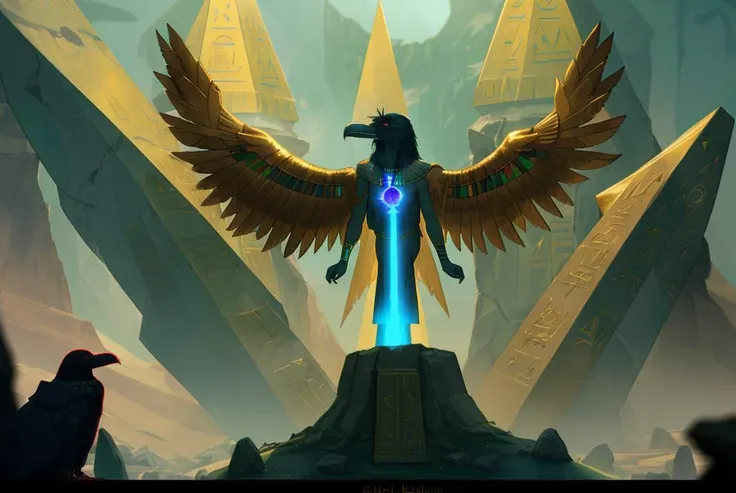 glowing engraved obelisk, gold, teal, ancient underground egyptian temple,  science fiction, hdr, chromatic aberration, negative space AND raven, fog,