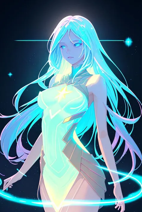 woman,long hair ,sunlight ,medium breasts, iridescent dress, glowing stars, A digital illustration, glowing stars, defraction spikes, chromatic aberration,bloom AND (glowing, holofoil:0.6),