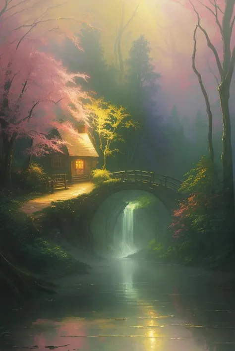 a painting of a river running through a forest, a detailed painting, by Thomas Kinkade, fantasy art, colorful house, iphone wallpaper, spring evening, colorful photograph