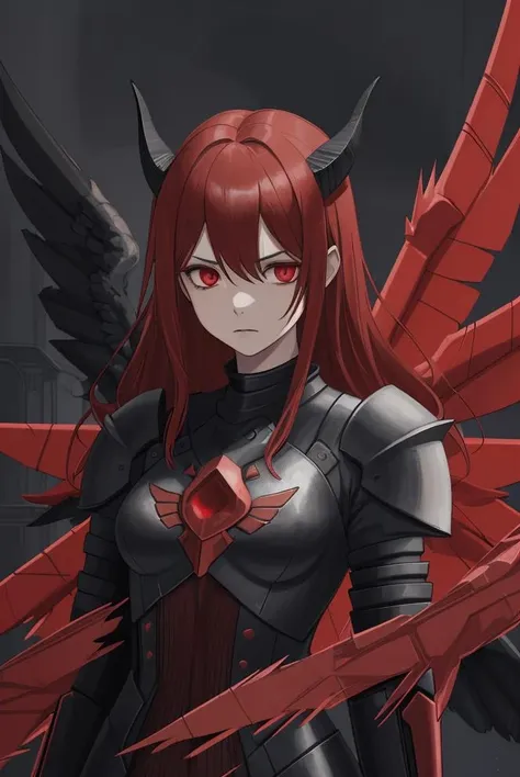 woman, black wings, horns, red armour,