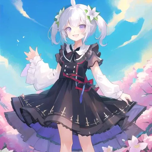 <lora:u-110-21:0.6> ,u-110 \(azur lane\),black dress, hair flower, (official alternate costume:1.4), purple eyes,twintails, happy,