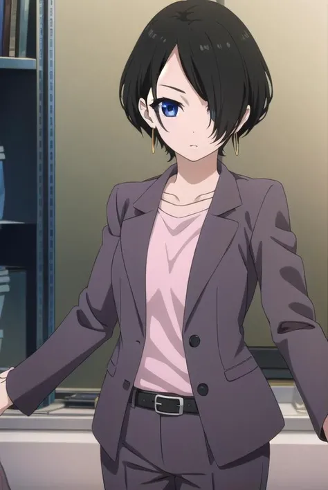 yukaokitsu, <lora:yuka okitsu s1-lora-nochekaiser:1>,
yuka okitsu, short hair, black hair, (hair over one eye:1.5), blue eyes,
BREAK jewelry, jacket, earrings, belt, pants, black footwear, high heels, formal, suit, pant suit,
BREAK indoors, office,
BREAK looking at viewer, dynamic pose,
BREAK <lyco:GoodHands-beta2:1>, (masterpiece:1.2), best quality, high resolution, unity 8k wallpaper, (illustration:0.8), (beautiful detailed eyes:1.6), extremely detailed face, perfect lighting, extremely detailed CG, (perfect hands, perfect anatomy),
