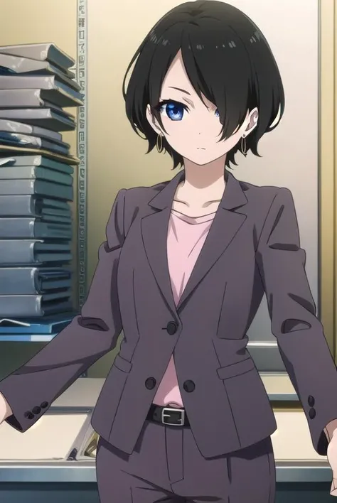 yukaokitsu, <lora:yuka okitsu s1-lora-nochekaiser:1>,
yuka okitsu, short hair, black hair, (hair over one eye:1.5), blue eyes,
BREAK jewelry, jacket, earrings, belt, pants, black footwear, high heels, formal, suit, pant suit,
BREAK indoors, office,
BREAK looking at viewer, dynamic pose,
BREAK <lyco:GoodHands-beta2:1>, (masterpiece:1.2), best quality, high resolution, unity 8k wallpaper, (illustration:0.8), (beautiful detailed eyes:1.6), extremely detailed face, perfect lighting, extremely detailed CG, (perfect hands, perfect anatomy),