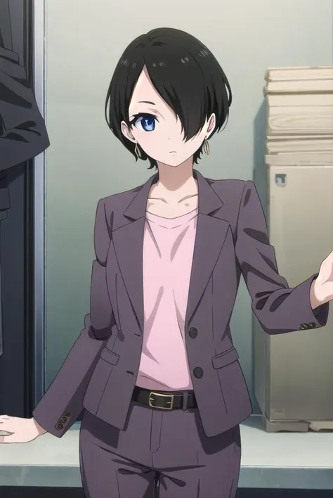 yukaokitsu, <lora:yuka okitsu s1-lora-nochekaiser:1>,
yuka okitsu, short hair, black hair, (hair over one eye:1.5), blue eyes,
BREAK jewelry, jacket, earrings, belt, pants, black footwear, high heels, formal, suit, pant suit,
BREAK indoors, office,
BREAK looking at viewer, dynamic pose,
BREAK <lyco:GoodHands-beta2:1>, (masterpiece:1.2), best quality, high resolution, unity 8k wallpaper, (illustration:0.8), (beautiful detailed eyes:1.6), extremely detailed face, perfect lighting, extremely detailed CG, (perfect hands, perfect anatomy),