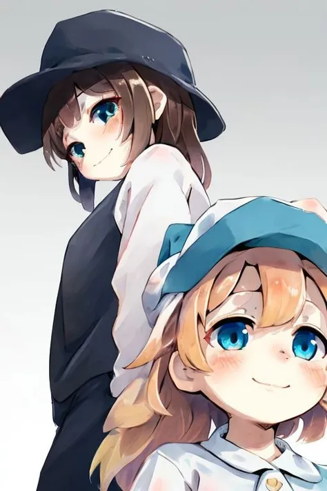 eyelashes, eyeliner, (eye focus, face, close-up:0.5), blush, (smile:0.8), 2girls, back-to-back, bangs, white background, dutch angle, side, head tilt, hat,bow , (costume, cosplay, light blue,blue), (gradient:1.3), , ,foreshortening, from below