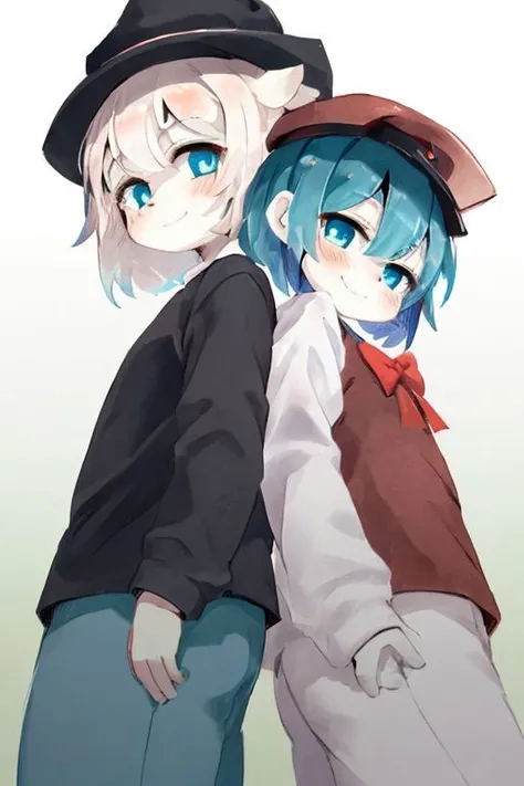 eyelashes, eyeliner, (eye focus, face, close-up:0.5), blush, (smile:0.8), 2girls, back-to-back, bangs, white background, dutch angle, side, head tilt, hat,bow , (costume, cosplay, light blue,blue), (gradient:1.3), , ,foreshortening, from below