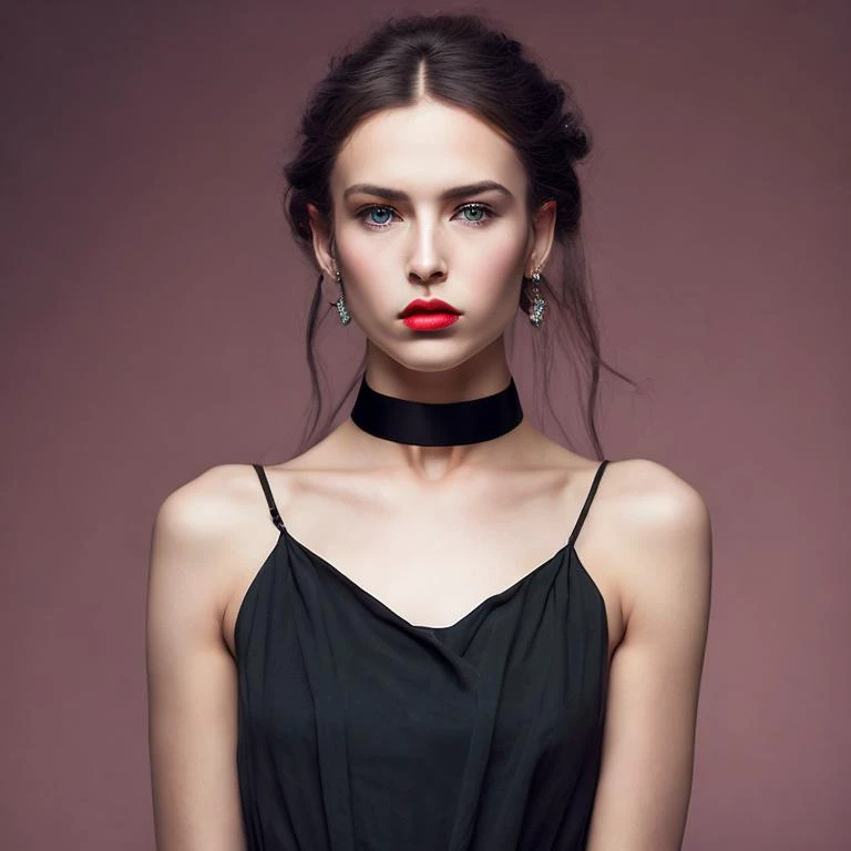 Beautiful unique-looking young woman, wearing a choker necklace, pouty lips, looking at viewer