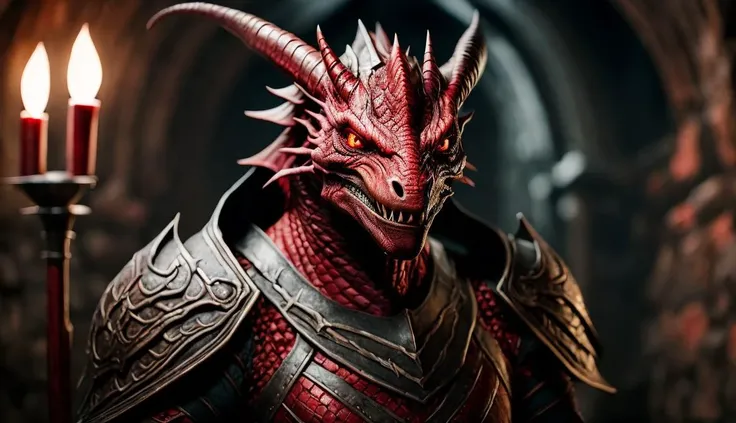 cinematic film still, photo portrait of a red Dragonborn, from dungeons and dragons, full plate, analog film grain