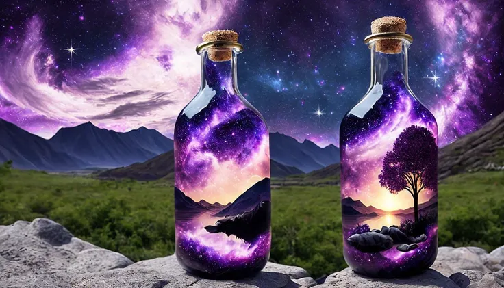 beautiful scenery nature glass bottle landscape, purple galaxy bottle