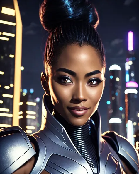 intricately detailed photograph of a gorgeous ((futuristic)) super-soldier of mixed ethnicity named Avalynn, detailed realistic eyes, detailed hair, detailed intricate skin texture, perfect teeth, wearing (sleek high-tech:1.1) power armor, appealing, eye-catching, aesthetic, (stunning shiny (advanced) outdoor nighttime future city:1.1), incredible metal buildings, impossibly tall ultramodern skyscrapers, full moon, stars, (amazing detailed background:1.2), (vibrant colors), 8K, UHD, HDR, ultra-hd, cinematic lighting, volumetric lighting, dramatic, epic, realistic, breathtaking, impressive, high quality, best quality, masterpiece, (((anime))), (((cartoon))), (((3D))), (((unreal engine 5))), (((raytracing)))