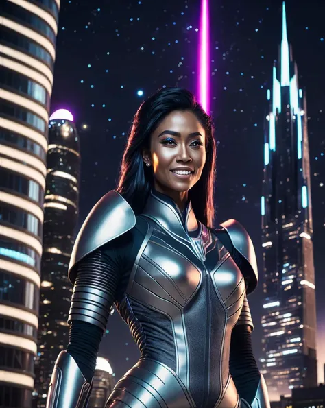 intricately detailed wide angle full body photograph of a gorgeous ((futuristic)) super-soldier (of mixed South Asian and Norwegian descent:1.1) named Lyra, detailed realistic eyes, detailed hair, detailed intricate hyperrealistic skin texture, perfect teeth, wearing (sleek high-tech:1.1) power armor, appealing, eye-catching, aesthetic, (stunning shiny (advanced) outdoor nighttime future city:1.1), incredible metal buildings, impossibly tall ultramodern detailed skyscrapers, full moon, stars, (amazing intricate detailed background:1.2), (vibrant colors), 32K, 16K, 8K, UHD, HDR, ultra-hd, cinematic lighting, volumetric lighting, dramatic, epic, realistic, breathtaking, unbelievable, impressive, high quality, best quality, masterpiece, (((raytracing)))