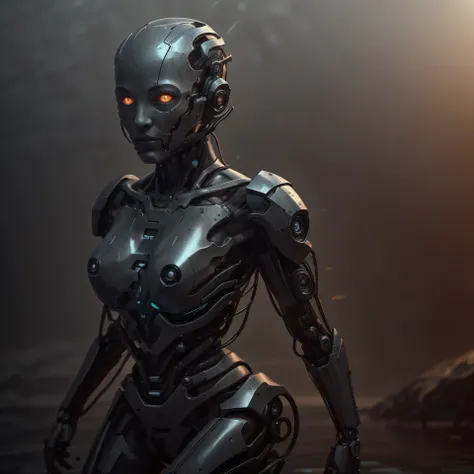 8k, best quality, masterpiece, (tough android cyborg girl with orange glowing eyes and mechanical face:1.3) wearing futuristic (rusted metal armor) standing full height (in water after rain), blue background at night, RAW highly detailed photo, dramatic sunset light, dynamic pose, head tilt, blowing long wet hair, (film grain, epic scene:1.1), <lora:cyborgbot:.66>, <lora:CyberPunkAI:.63>, <lora:HardSurface_beta:.18>, <lora:StealthTech:.36>, <lora:SciFiRobotic:.21>, <lora:rustedmetal_last:1>