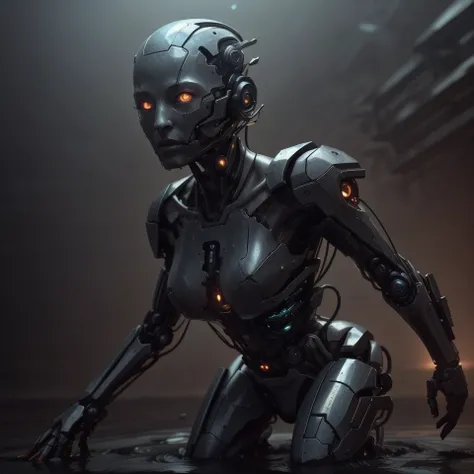 8k, best quality, masterpiece, (tough android cyborg girl with orange glowing eyes and mechanical face:1.3) wearing futuristic (mangled metal armor) standing full height (in water after rain), blue background at night, RAW highly detailed photo, dramatic sunset light, dynamic pose, head tilt, blowing long wet hair, (film grain, epic battle scene, dust, ray tracing:1.3), <lora:cyborgbot:.66>, <lora:CyberPunkAI:.63>, <lora:HardSurface_beta:.18>, <lora:StealthTech:.36>, <lora:SciFiRobotic:.21>, <lora:rustedmetal_last:1>