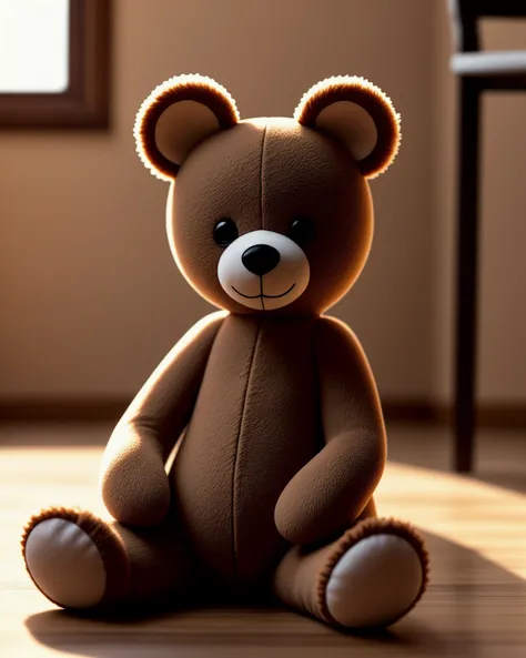 cinematic photo of cute (plushy:1.2) bear-toy on floor in room, cinematic environment, cinematic lighting, golden hour, bokeh, ray tracing, subsurface scattering, volumetric light, different toys on floor on background