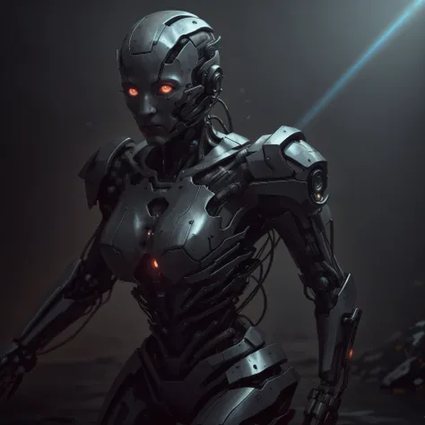 8k, best quality, masterpiece, (dented tough android cyborg girl with orange glowing eyes and mechanical face:1.3) wearing futuristic (mangled metal armor) standing full height (in water after rain), blue background at night, RAW highly detailed photo, dramatic light, dynamic pose, head tilt, (red laser flashes, film grain, epic battle scene, dust, ray tracing:1.3), <lora:cyborgbot:.66>, <lora:CyberPunkAI:.63>, <lora:HardSurface_beta:.18>, <lora:StealthTech:.36>, <lora:SciFiRobotic:.21>, <lora:rustedmetal_last:1>