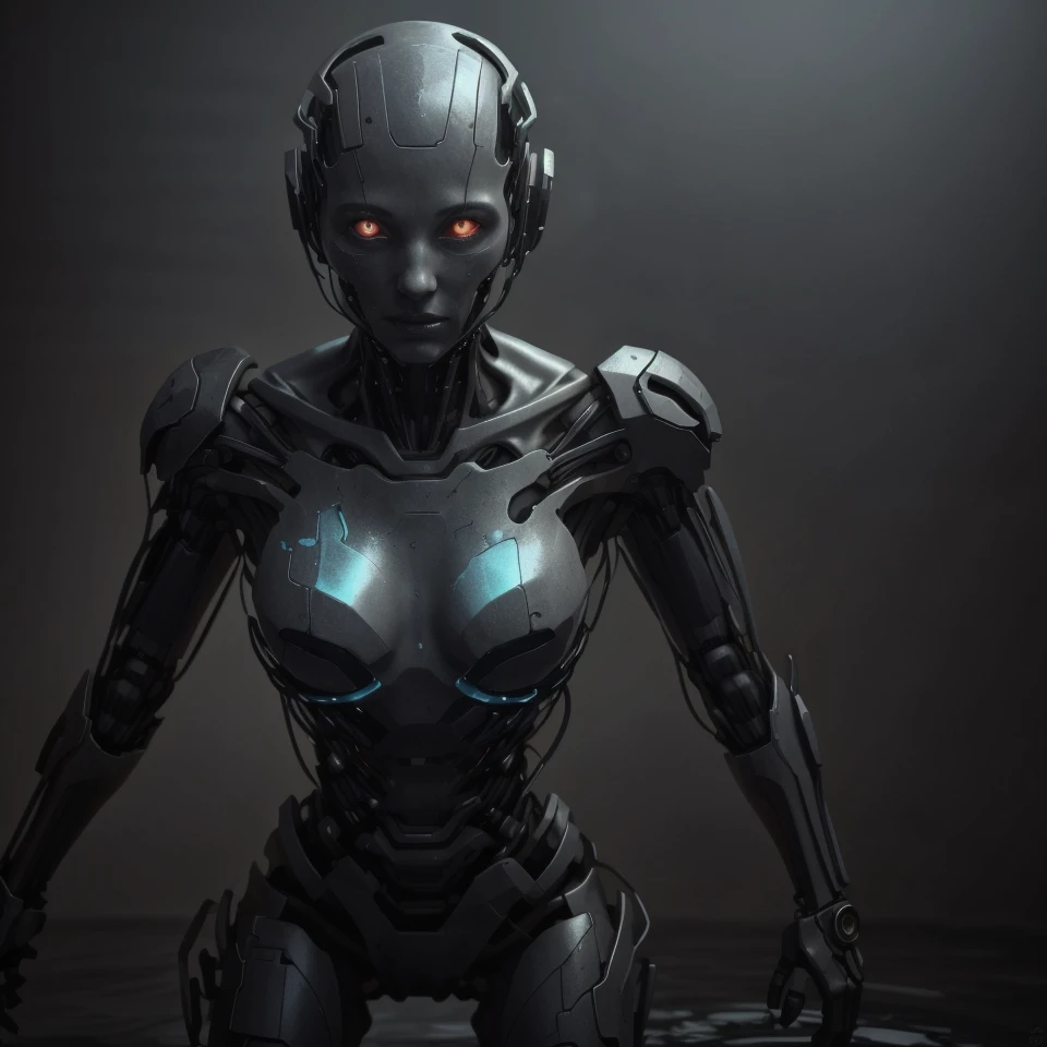 8k, best quality, masterpiece, (tough android cyborg girl with orange glowing eyes and mechanical face:1.3) wearing futuristic (mangled metal armor) standing full height (in water after rain), blue background at night, RAW highly detailed photo, dramatic light, dynamic pose, head tilt, blowing long wet hair, (laser flashes, film grain, epic battle scene, dust, ray tracing:1.3), <lora:cyborgbot:.66>, <lora:CyberPunkAI:.63>, <lora:HardSurface_beta:.18>, <lora:StealthTech:.36>, <lora:SciFiRobotic:.21>, <lora:rustedmetal_last:1>