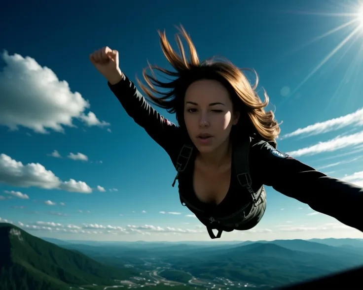 Selfie of (skydiver) falling in dramatic sky, volumetric light, ray tracing, Fujichrome Provia 100F, RTX, photolab, high quality photography, 3 point lighting, flash with softbox, 4k, Canon EOS R3, hdr, smooth, sharp focus, high resolution, award winning photo, 80mm, f2.8, bokeh, (blowing hair:1.4), winking <lora:l_wnk_we_sd_64_32:1.4>, <lora:zoom_slider_v1_-7...7:-5>