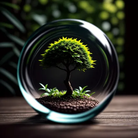 breathtaking shallow depth of field, bokeh, a brilliantly colored glass paperweight containing a tree showing the green leaf colored branches above and a root structure below that is just as extensive