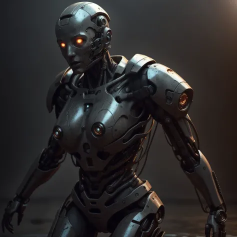 8k, best quality, masterpiece, (dented tough android cyborg girl with orange glowing eyes and mechanical face:1.3) wearing futuristic (mangled metal armor) standing full height (in water after rain), blue background at night, RAW highly detailed photo, dramatic light, dynamic pose, head tilt, (laser rays, film grain, epic battle scene, dust, ray tracing:1.3), <lora:cyborgbot:.36>, <lora:CyberPunkAI:.33>, <lora:HardSurface_beta:.18>, <lora:StealthTech:.16>, <lora:SciFiRobotic:.11>, <lora:rustedmetal_last:2>