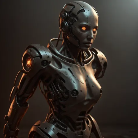 Wired hair, 8k, best quality, masterpiece, (dented tough android cyborg girl with orange glowing eyes and mechanical face:1.3) wearing futuristic (mangled rusted armor) standing full height (in water after rain), blue background at night, RAW highly detailed photo, dramatic light, dynamic pose, head tilt, (film grain, epic battle scene, dust, ray tracing:1.3), <lora:cyborgbot:.36>, <lora:CyberPunkAI:.36>, <lora:HardSurface_beta:.18>, <lora:StealthTech:.36>, <lora:SciFiRobotic:.11>, <lora:rustedmetal_last:3>