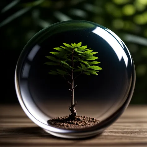 breathtaking shallow depth of field, bokeh, a brilliantly colored glass paperweight containing a tree showing the green leaf colored branches above and a root structure below that is just as extensive