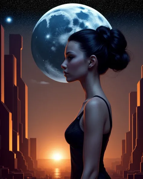 full body (silhouette:1.3) figure, profile side view, Moon and stars and Mars,Ink illustration,movie poster,detailed,realistic,A beautiful body silhouette,girl in damask dress,colorful silhouette in this composition,hyper-realistic character,elegance,dramatic lighting,matte,concept art,deep dark universe blend with the futuristic city in the background,futuristic,sci-fi,art deco