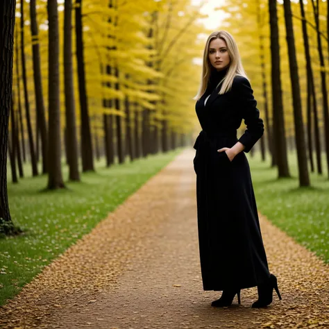 blonde girl in long black coat in forest