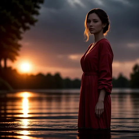 8k, best quality, masterpiece, (realistic girl:1.3) wearing Russian red dress standing (in water under heavy rain), blue background at night, RAW highly detailed photo, dramatic sunset light,<lora:Ruswomandress:0.3>