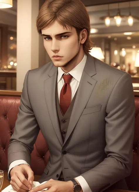 (best quality), (masterpiece), (solo), jean_kirstein, brown hair, brown eyes, stubble, suit, red necktie, restaurant, <lora:jean_kirstein:0.8>