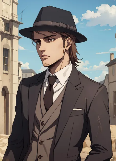 (best quality), (masterpiece), (solo), jean_kirstein, brown hair, brown eyes, stubble, suit, fedora, <lora:jean_kirstein:0.8>