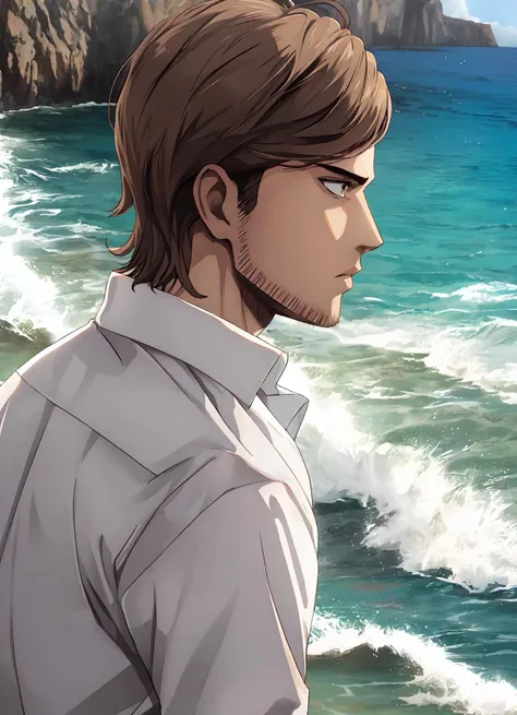 (best quality), (masterpiece), (solo), 1boy, jean_kirstein, brown hair, brown eyes, stubble, white shirt, cliff, ocean, side profile, <lora:jean_kirstein:0.8>