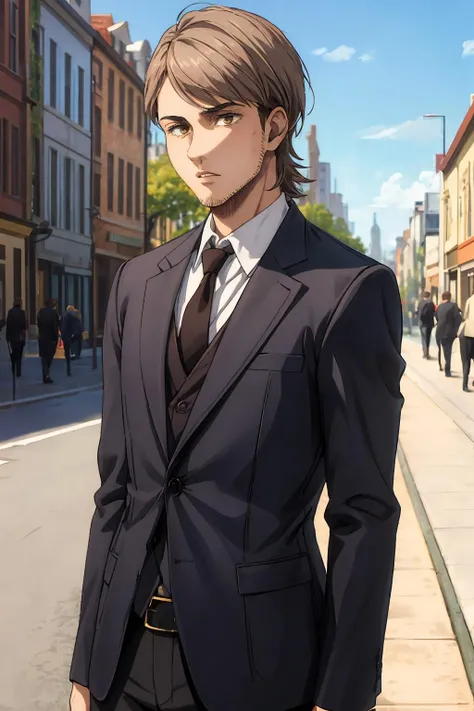 best quality, masterpiece, 1boy, solo, <lora:jean_kirstein:1>jean_kirstein, brown hair, brown eyes, stubble, suit, in the street, blue sky, perfect light, fully body, <lora:more_details:0.3>