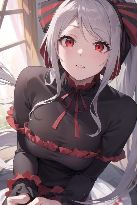 shalltear, <lyco:shalltear-lyco-nochekaiser:1>,
shalltear, grey hair, long hair, (red eyes:1.5), silver hair, ponytail,
BREAK black dress, bonnet, bow, dress, frilled dress, frills, large bow, long sleeves, vampire,
BREAK looking at viewer,
BREAK indoors, bed,
BREAK <lyco:GoodHands-beta2:1>, (masterpiece:1.2), best quality, high resolution, unity 8k wallpaper, (illustration:0.8), (beautiful detailed eyes:1.6), extremely detailed face, perfect lighting, extremely detailed CG, (perfect hands, perfect anatomy),