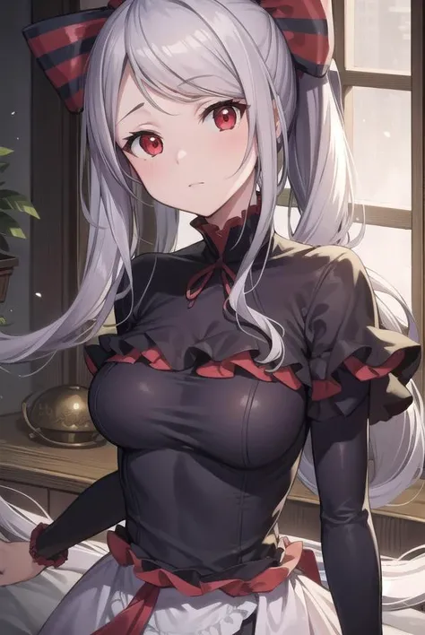 mejor calidad, woman, (((white long hair))), ((((hip length turtleneck sweater black)))), ((red eyes)), big breast, bangs between the eyes,bangs between the eyes, full body, bedroom