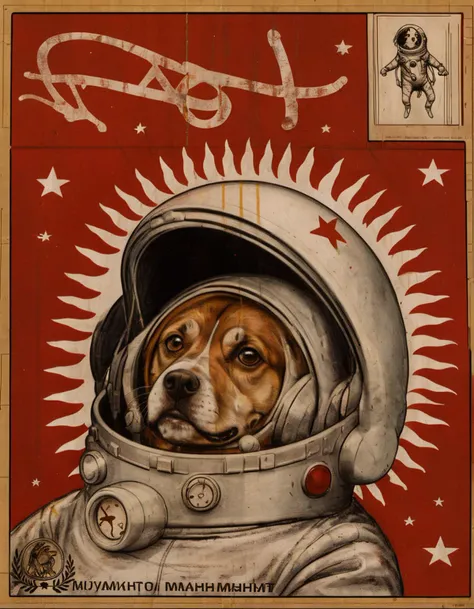 <lora:rvaz:0.8>rvaz, dog in a space suit, russian text
