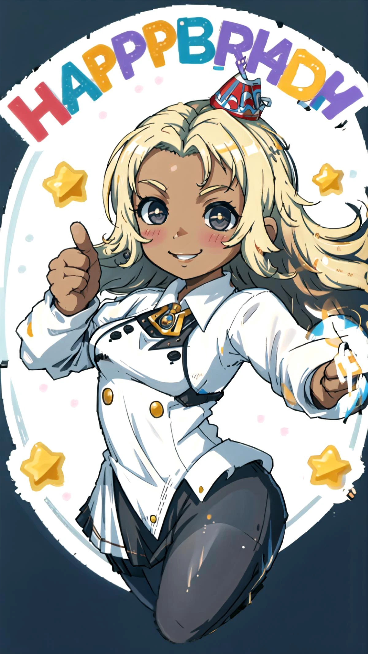 <lora:happy birthday:0.8> <lora:CathFE16:0.8> CathFE16, Catherine, blonde hair, dark skin, smile, BREAK,
party hat, party popper, happy birthday, <lora:AprobMeme:0.3> IncrsAprobMeme, chibi, thumbs up, BREAK,
looking at viewer, dynamic pose, masterpiece, best quality, hyperrealistic, extremely detailed, highly quality, 4k, sharp focus, professional photograph, sharp focus, award winning, cinematic lighting, octane render, unreal engine, volumetrics dtx, Wallpaper,