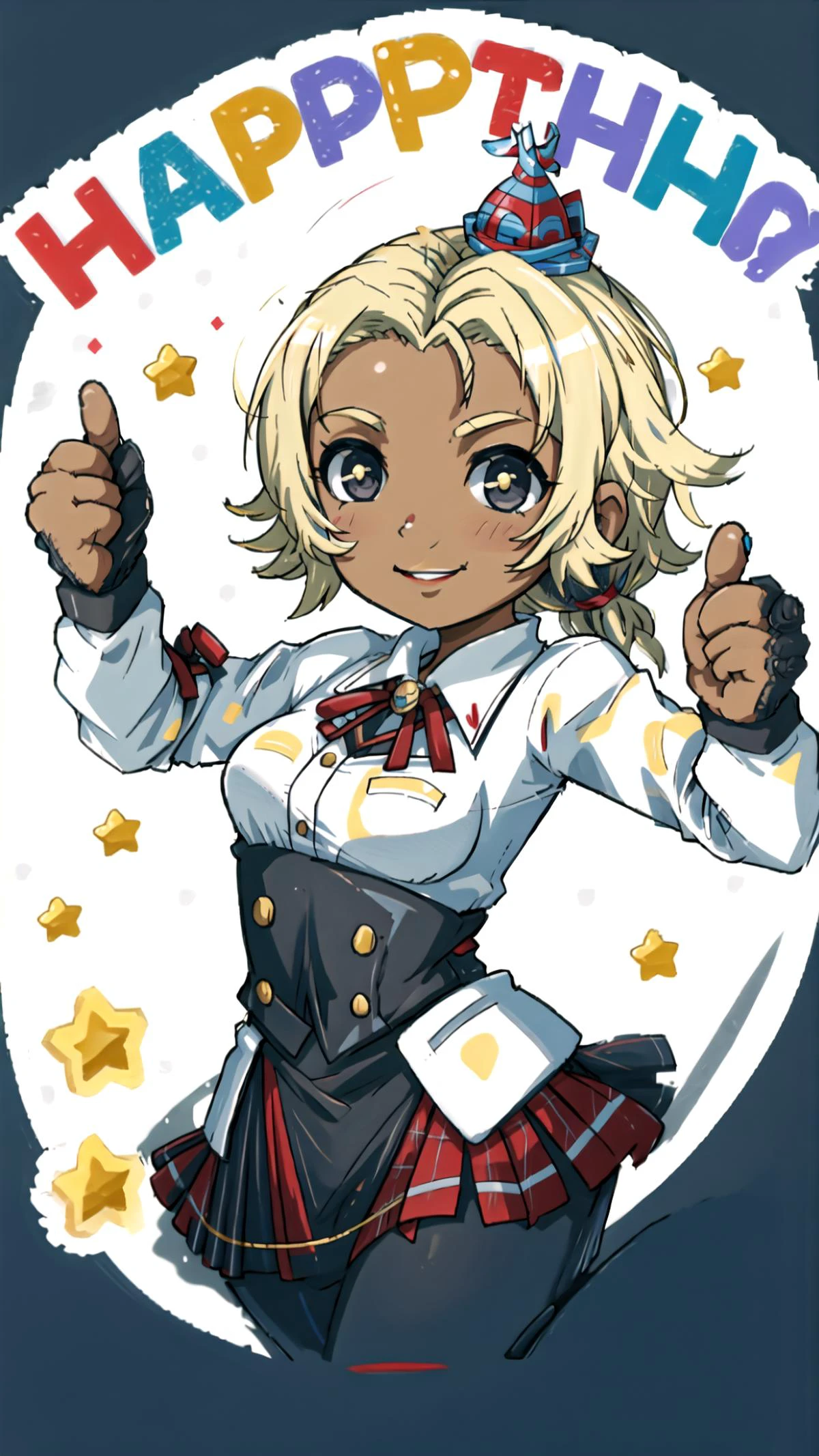<lora:happy birthday:0.8> <lora:CathFE16:0.8> CathFE16, Catherine, blonde hair, dark skin, smile, BREAK,
party hat, party popper, happy birthday, <lora:AprobMeme:0.3> IncrsAprobMeme, chibi, thumbs up, BREAK,
looking at viewer, dynamic pose, masterpiece, best quality, hyperrealistic, extremely detailed, highly quality, 4k, sharp focus, professional photograph, sharp focus, award winning, cinematic lighting, octane render, unreal engine, volumetrics dtx, Wallpaper,
