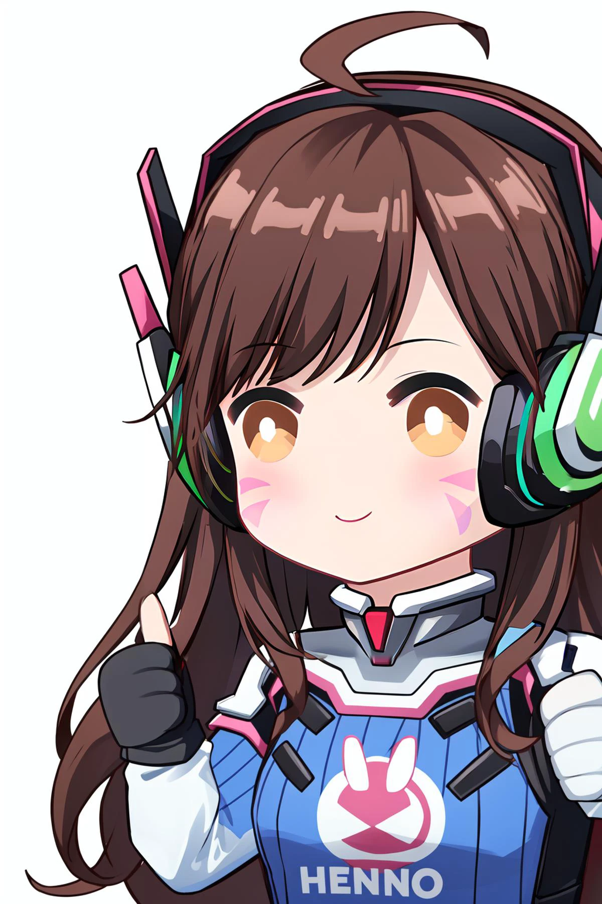 (masterpiece, best quality), intricate details,
1girl, <lora:d.va_v1:0.8> aahana, long hair, brown hair, headphones, whisker markings, shoulder pads, blue bodysuit, ribbed bodysuit, animal print, clothes writing, long sleeves, white gloves,
<lora:AprobMeme:0.8> IncrsAprobMeme, chibi, thumbs up